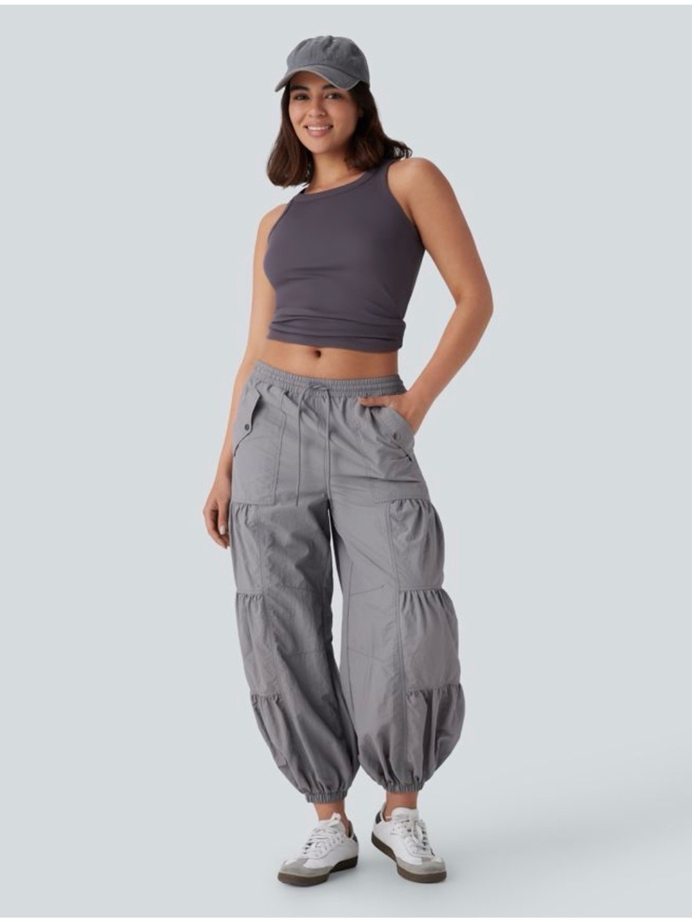 HALARA Ruched Parachute Gray Tiered Cargo Track Joggers